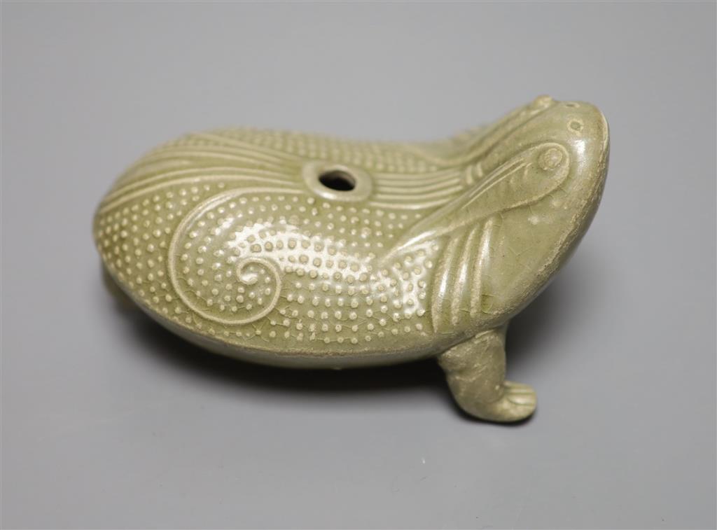 A Chinese Longquan celadon three legged toad water dropper, length 11cm